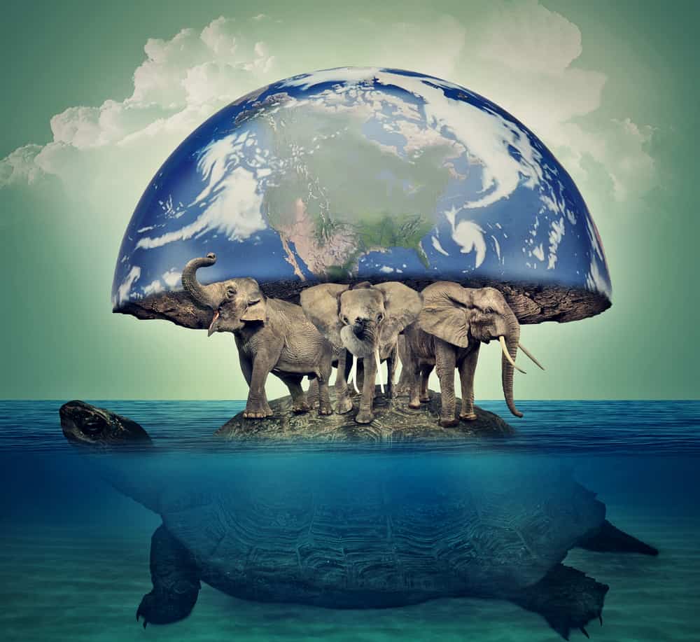 Four mighty World Elephants stand upon the carapace of Great A'Tuin the World Turtle, and upon whose massive shoulders revolves the Discworld itself. Ancient world model, mythical flat Earth concept.